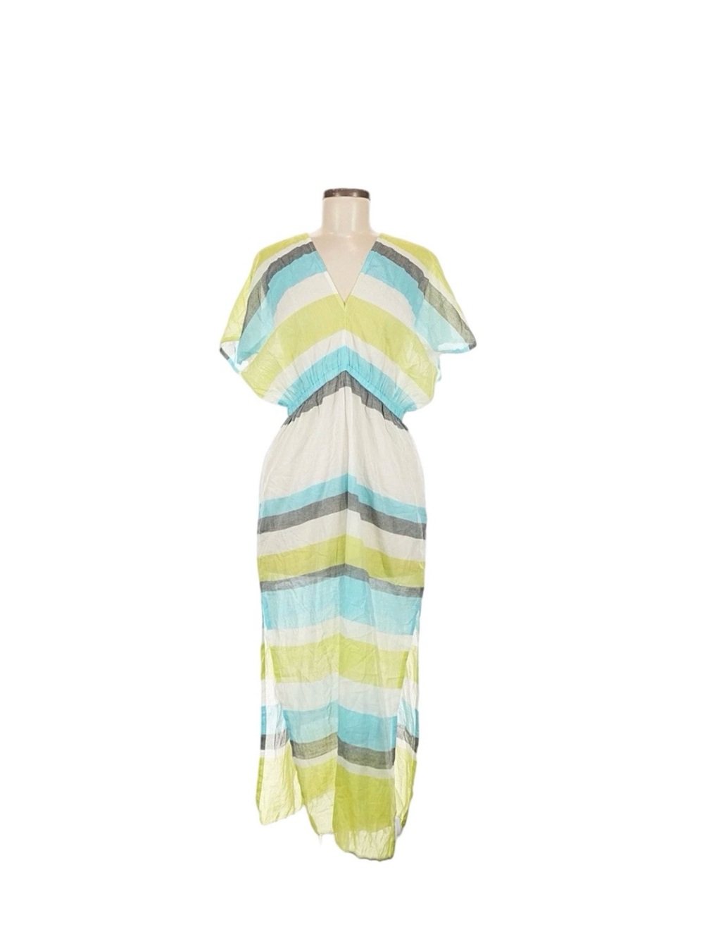 Michael Kors Striped V-Neck Maxi Dress in Aqua, Lime & Gray